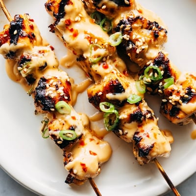 Golden Bang Bang chicken skewers coated in sweet chili mayonnaise sauce with fresh scallions and cilantro