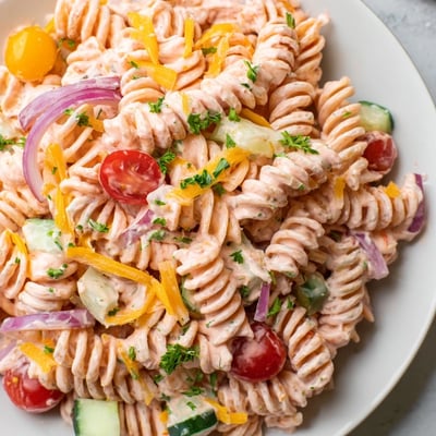 Vibrant Pink Cadillac Pasta Salad featuring rotini tossed in tangy pink mayonnaise dressing