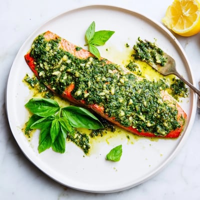 Moist oven-roasted salmon with creamy basil pesto butter sauce flaking apart under fork on baking sheet