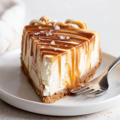 Creamy caramel swirl cheesecake with marbled caramel ribbons on dessert plate