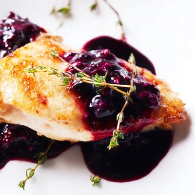 Savory blueberry thyme chicken drizzled with rich dark fruit sauce and herbs