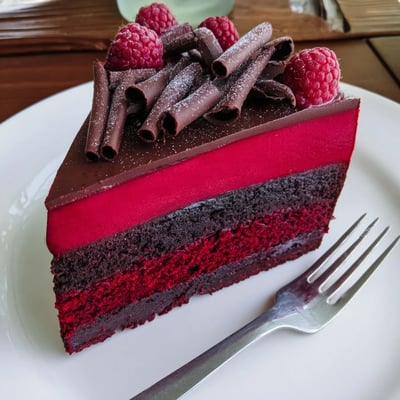 A tall raspberry chocolate mousse cake revealing glossy raspberry filling between dark chocolate layers
