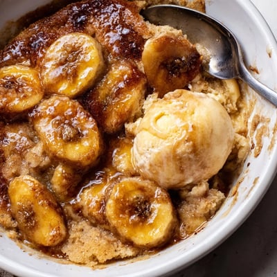 Warm Southern banana cobbler served in a rustic baking dish
